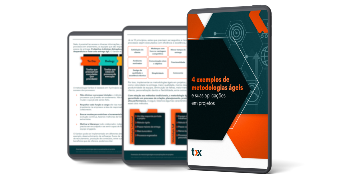 Imagem de um tablet com a capa do e-book e duas páginas internas para ilustrar o que tem no material