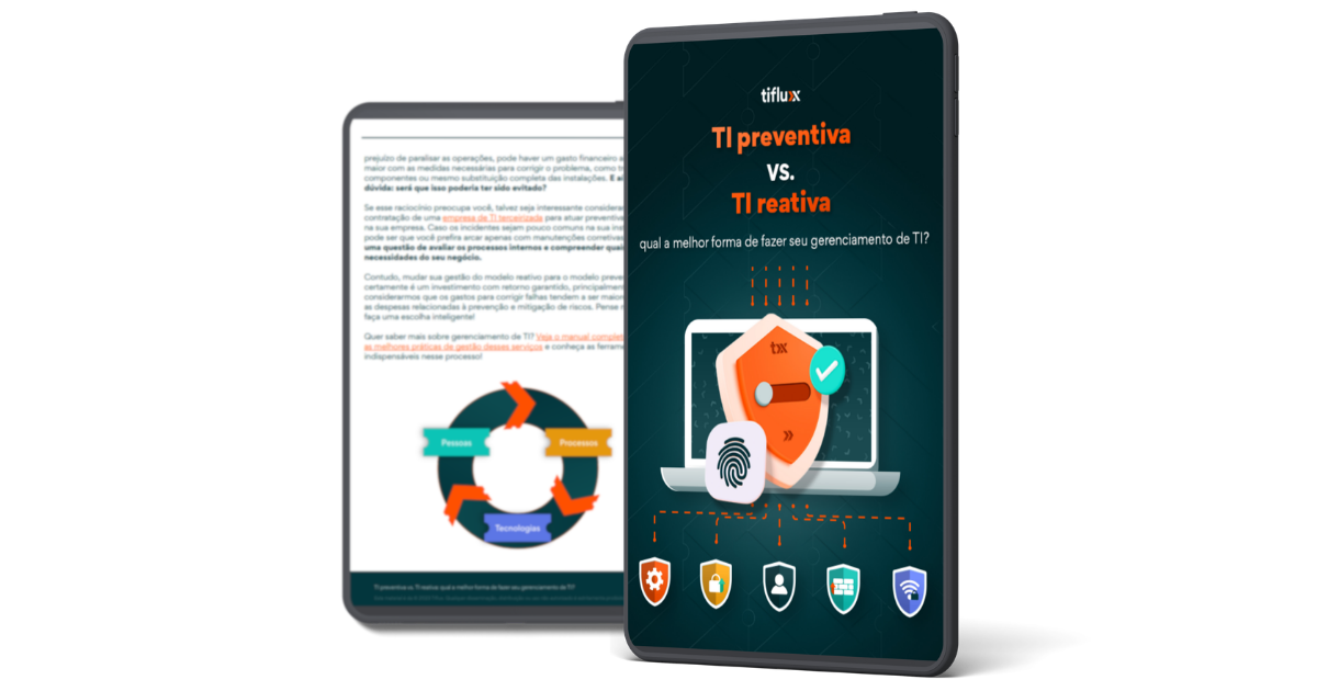 Tablet com a capa do material escrito TI preventiva x TI reativa