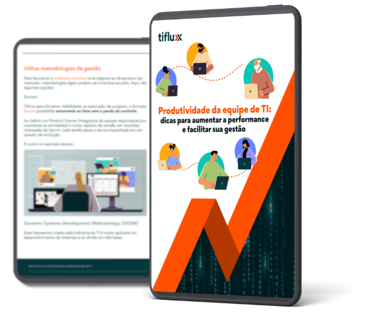 Imagem de um tablet com a capa e uma página interna do material que será feito o download